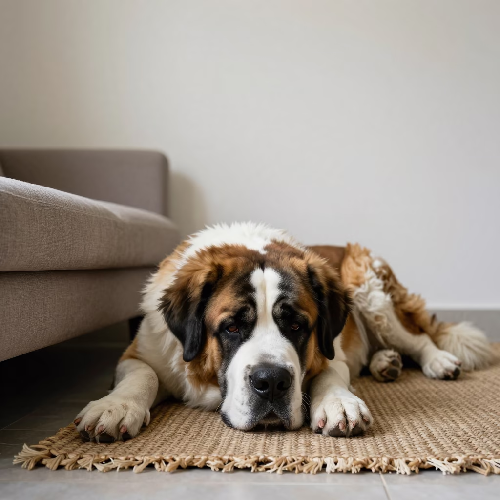 Saint Bernard Resting on Woven Rug in Dubai Home in on a woven rug beside a low couch and an uncluttered wall in Dubai