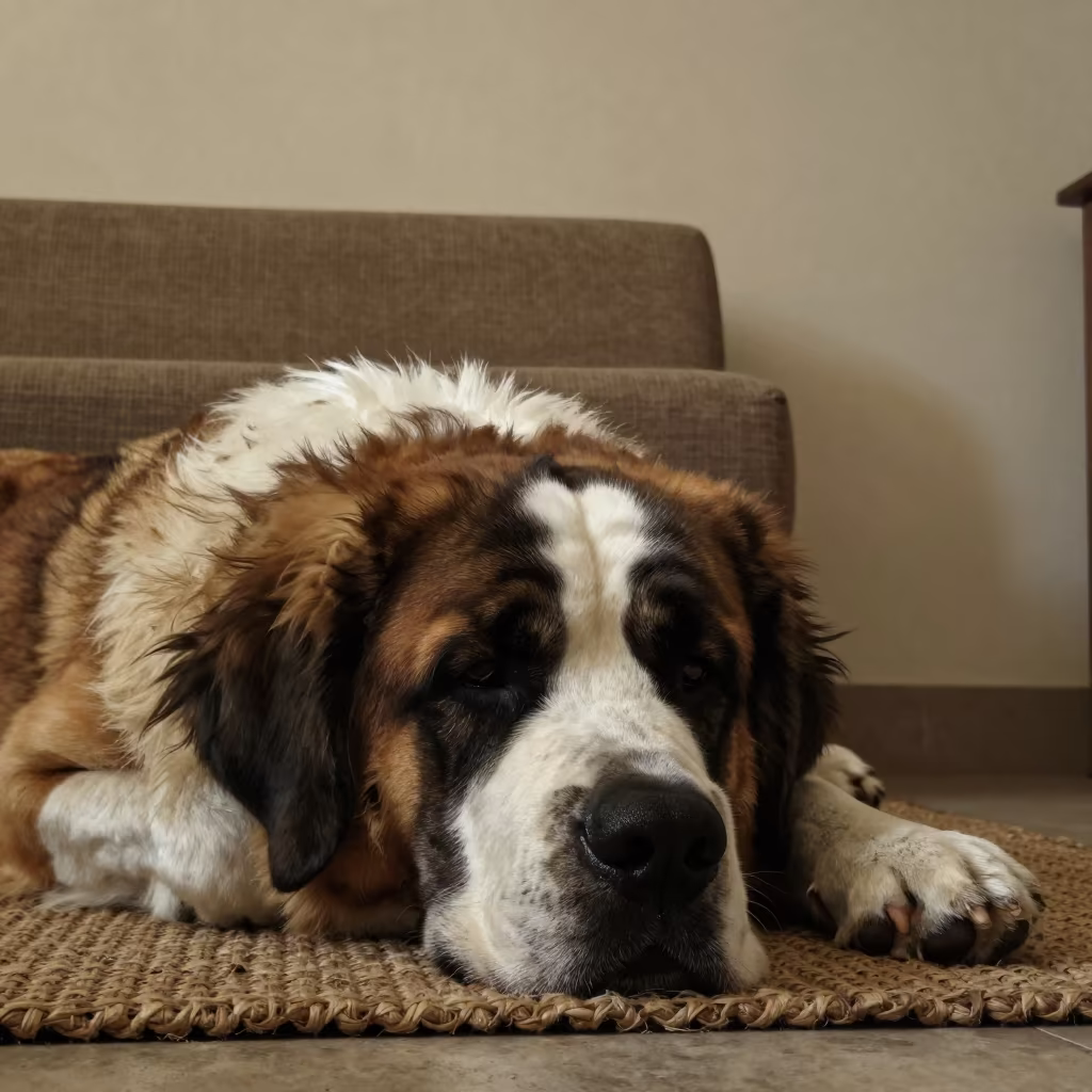 Saint Bernard resting on woven rug near Giza in on a woven rug beside a low couch and an uncluttered wall near Giza