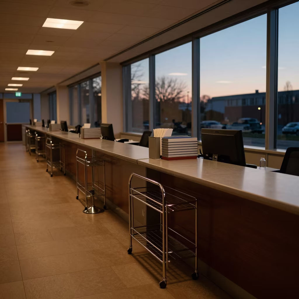 Saint Louis Office Reception Stanchion Blue Hour in at an office reception desk near Saint-Louis