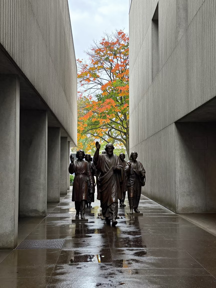 Saint Procession Mirrored in Concrete Lobby in inside a ribbed concrete lobby near Dunedin