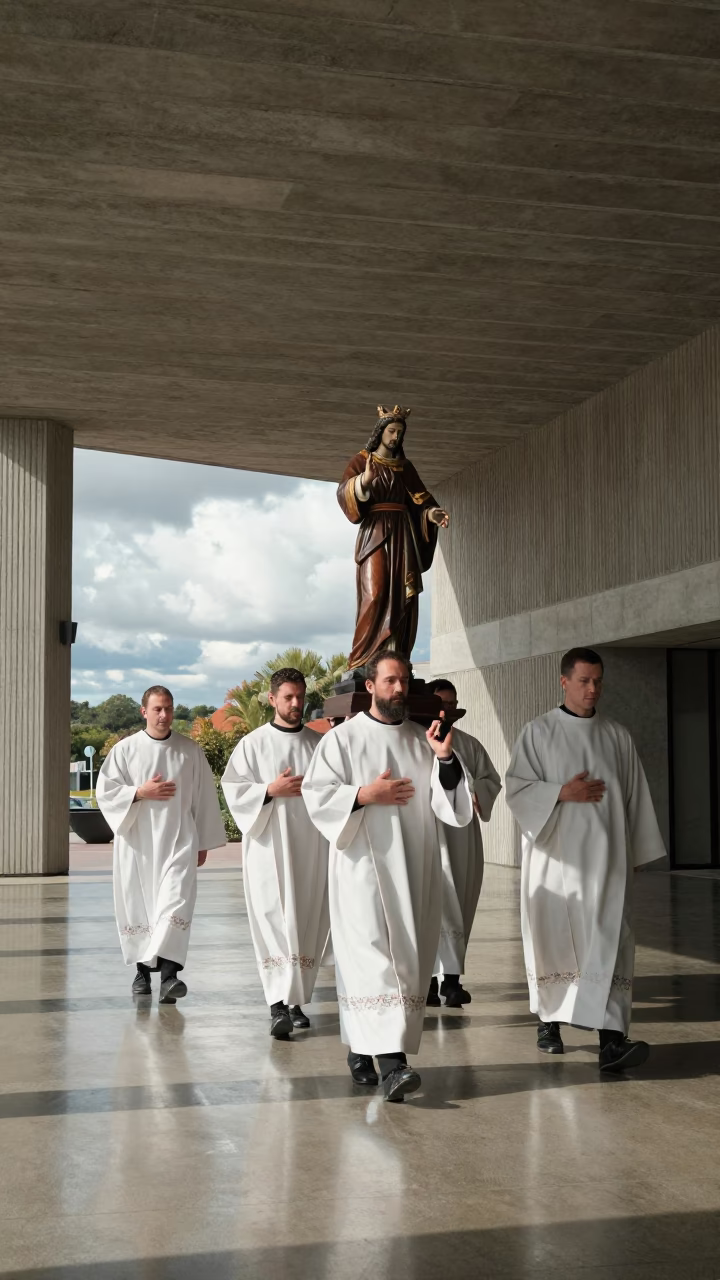 Saint Procession in Ribbed Concrete Lobby Bendigo in inside a ribbed concrete lobby in Bendigo