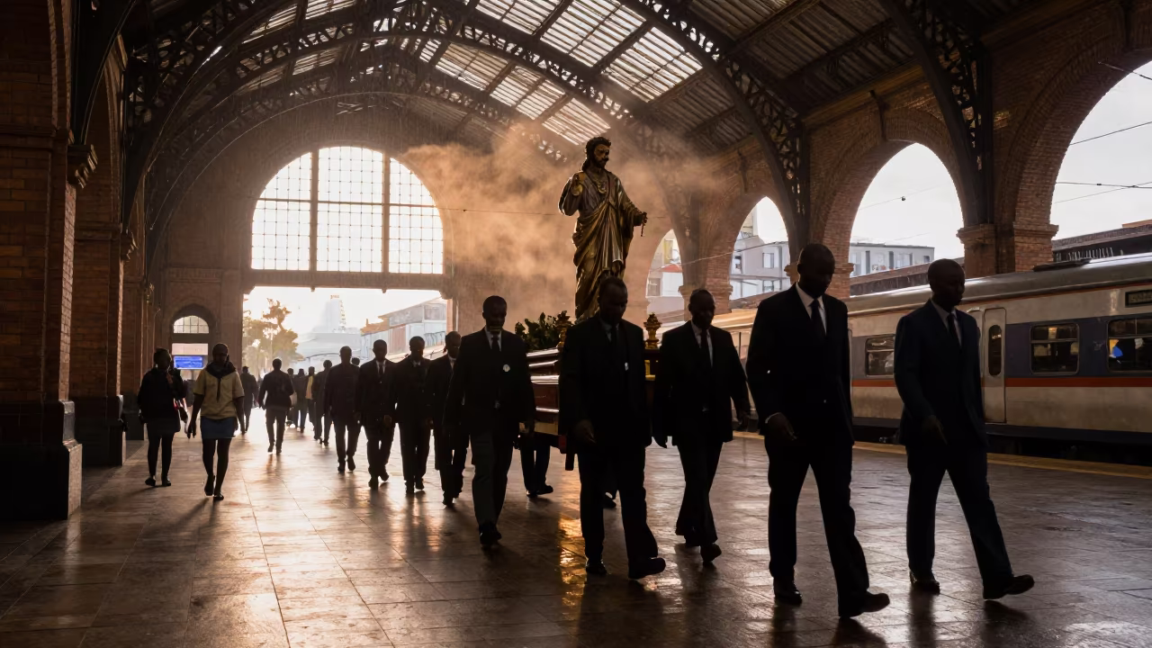 Saint Statue Procession in Restored Train Terminal Johannesburg in inside a restored train terminal near Arts on Main, Johannesburg
