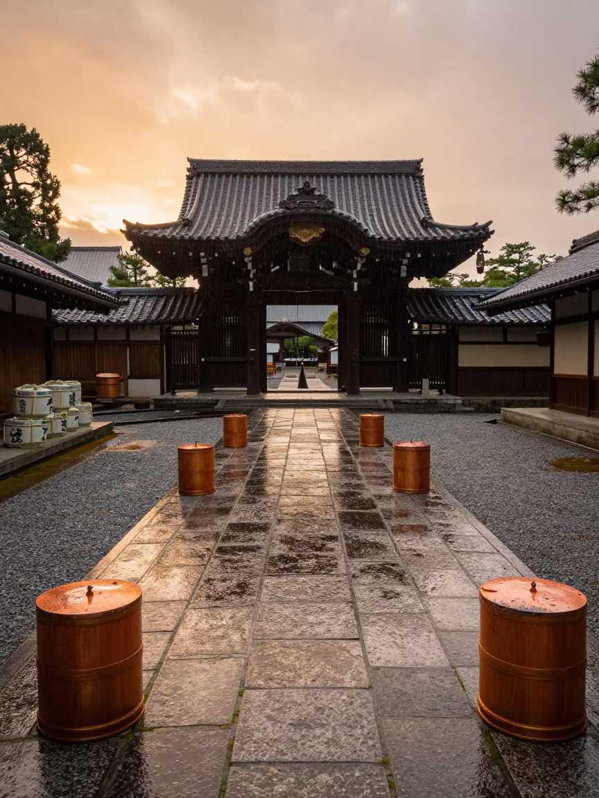 Sake Barrel Ceremony in Kyoto Temple Courtyard in in a temple courtyard in Kyoto