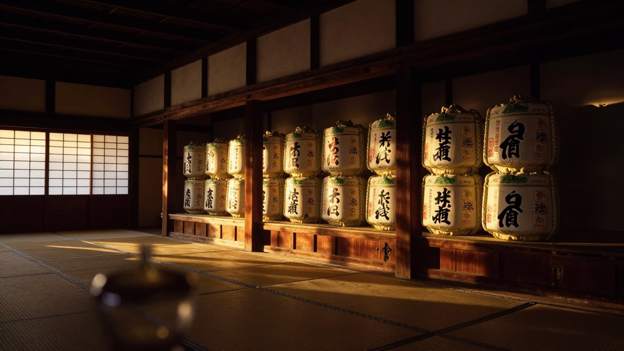 Sake Barrel Ceremony Sunset Kyoto Hall in in a ceremonial hall in Kyoto