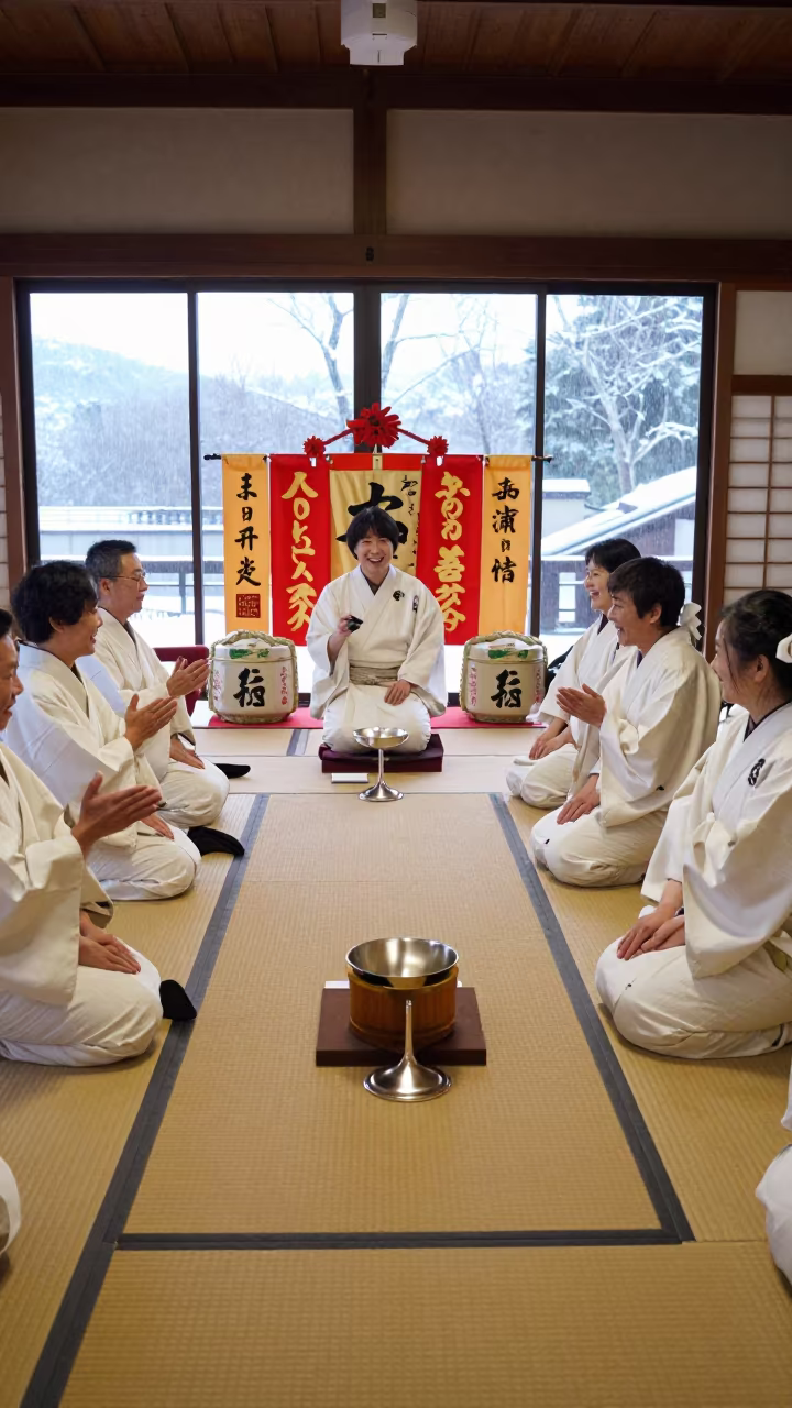 Sake Barrel Ceremony in Tokyo Hall Winter Drizzle in in a ceremonial hall in Tokyo