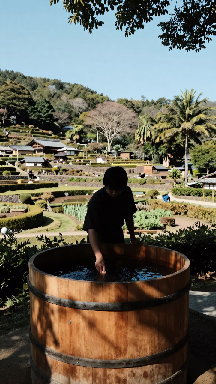 Sake Brewer Stirring Cedar Vat in Nara Garden in among terraced garden plots near Nara