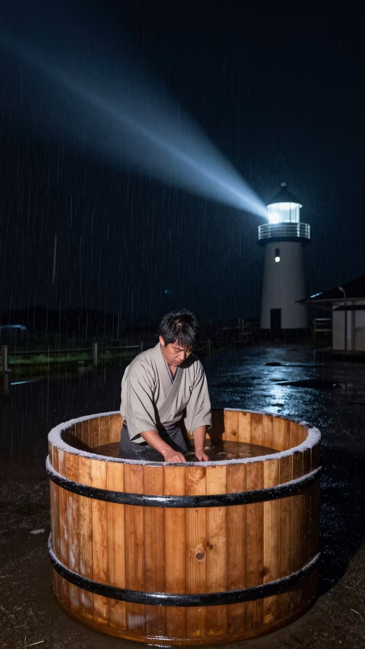Sake Brewer Stirring Cedar Vat Night Monsoon in in Japan