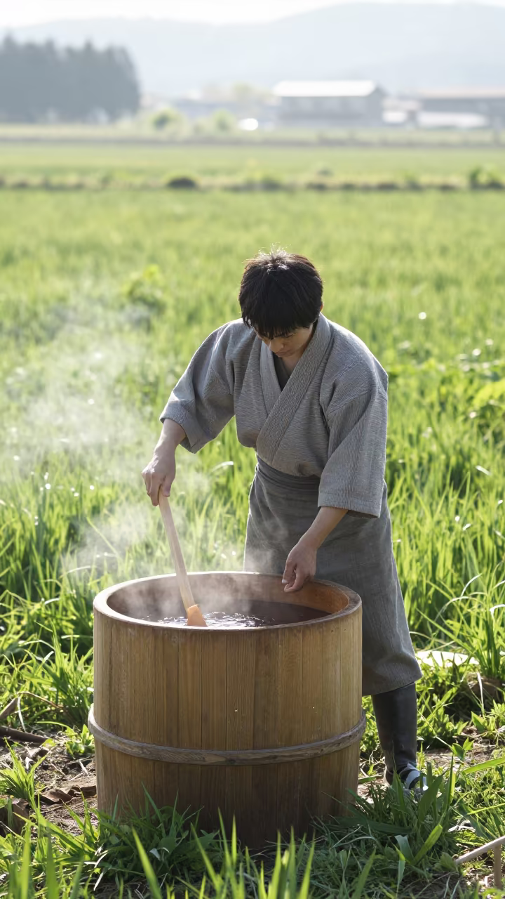Sake Brewer Stirring Cedar Vat in Spring Meadow in in a bloom-heavy meadow in Japan