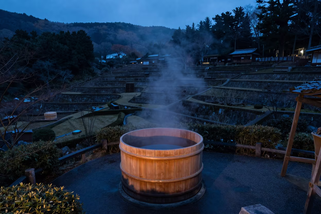 Sake Brewer Stirring Cedar Vat Twilight Japan in among terraced garden plots in Japan