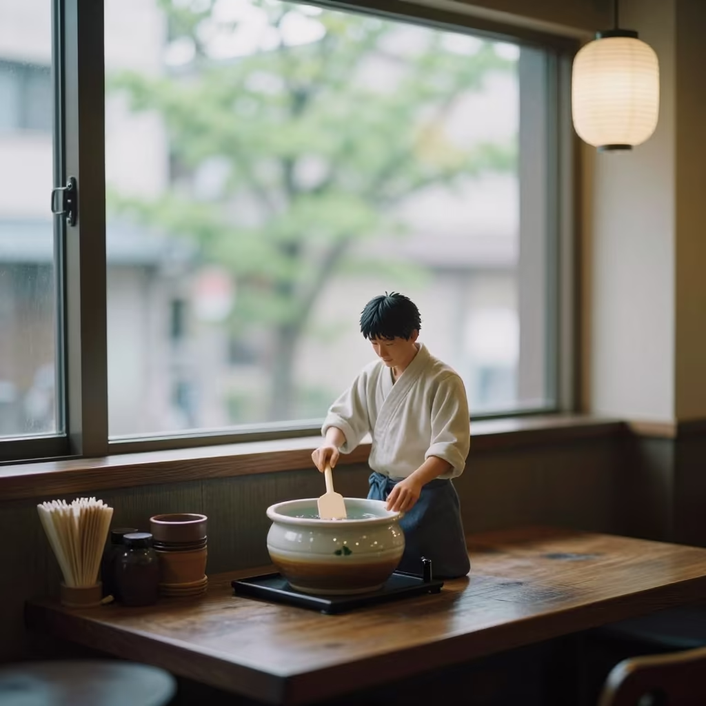 Sake Brewer Stirring Vat Cafe Harajuku Window in on a cafe table by a window in Harajuku, Tokyo