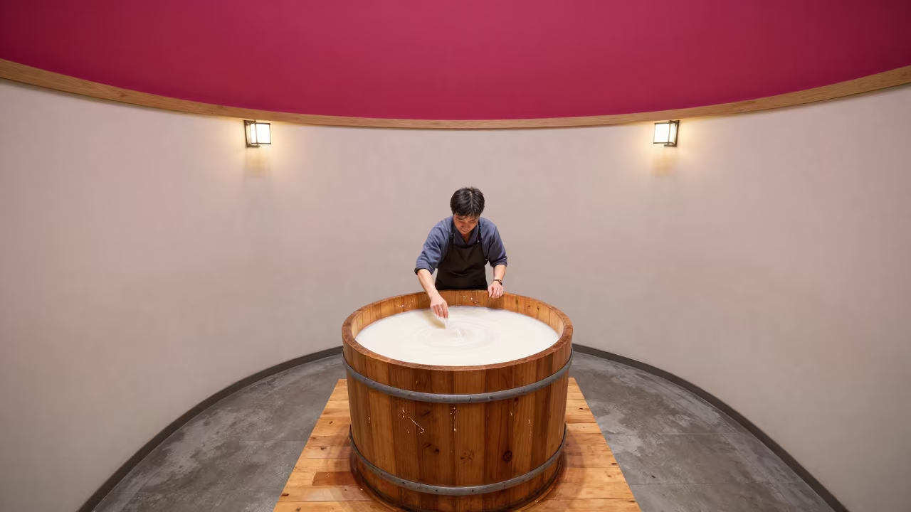 Sake Brewer Stirring Vat on Museum Plinth in on a museum plinth in Tsukiji, Tokyo