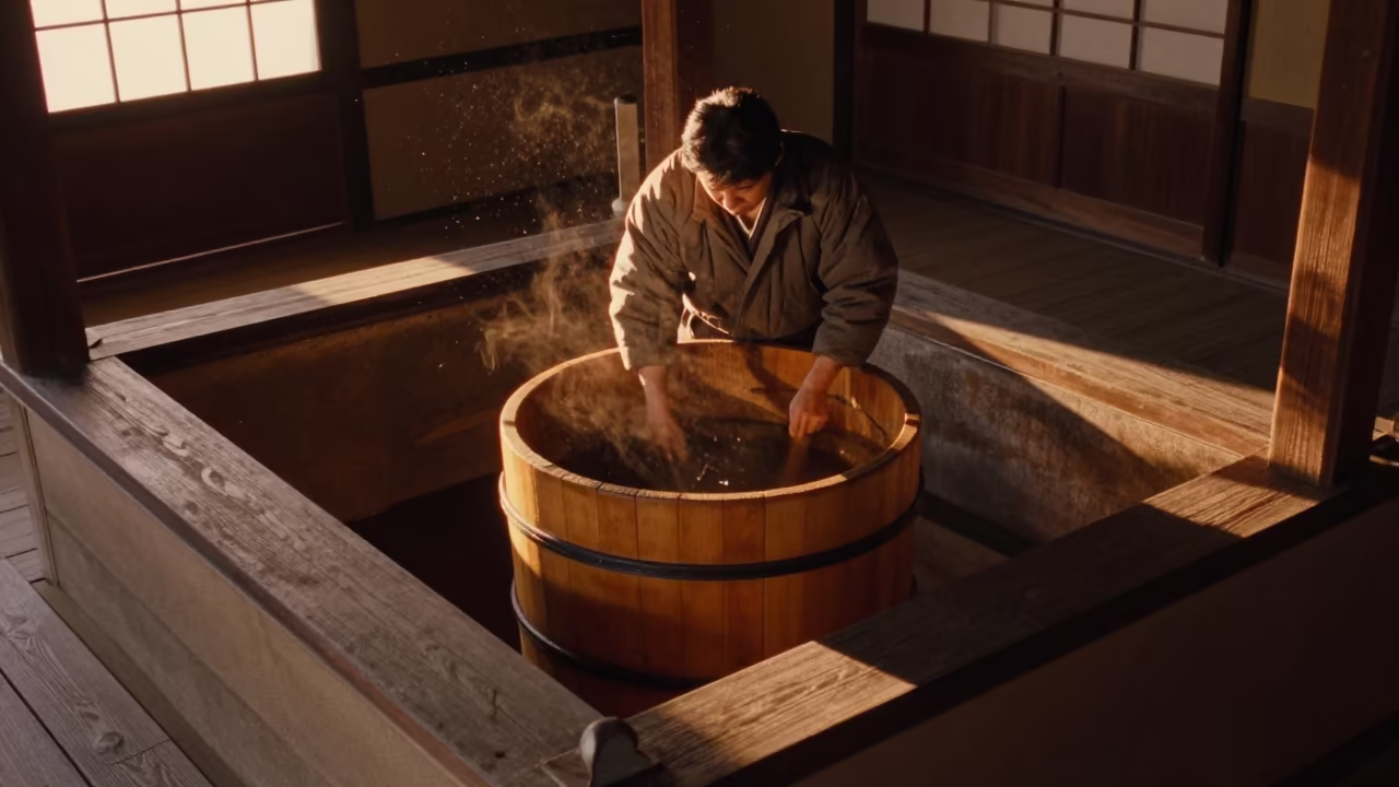 Sake Brewer Stirring Vat at Sunset in Nara in on a painted display ledge in Nara