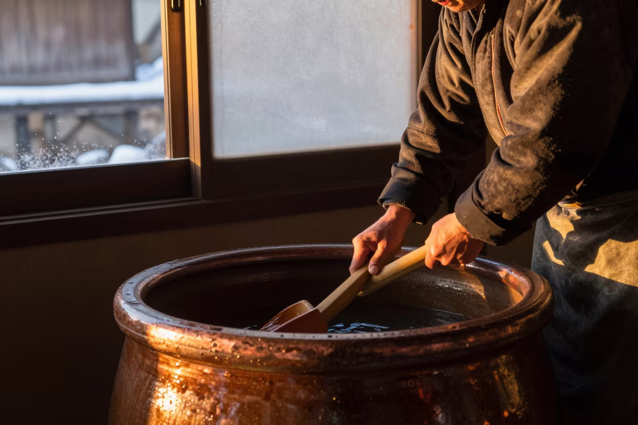 Sake Brewer Stirring Vat in Winter Kyoto in on a painted display ledge near Nishiki, Kyoto