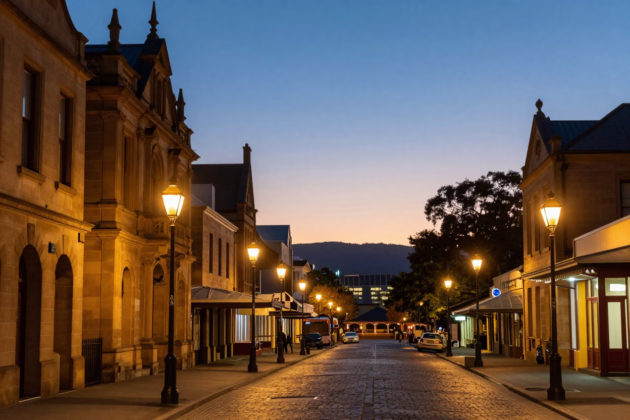 Salamanca Place at Twilight in Hobart in in Hobart, Tasmania, Australia