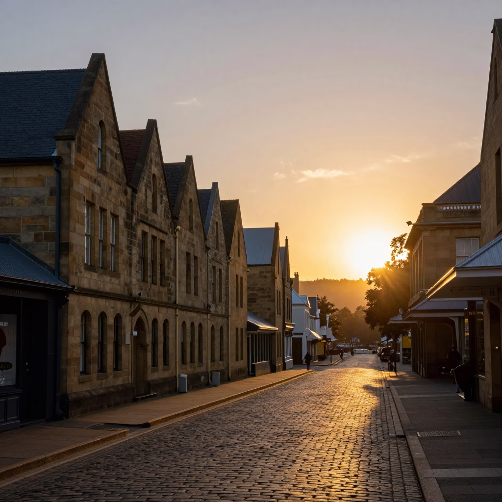 Salamanca Place Cobblestone Street And Historic Sandstone Buildings in Hobart in in Hobart, Tasmania, Australia