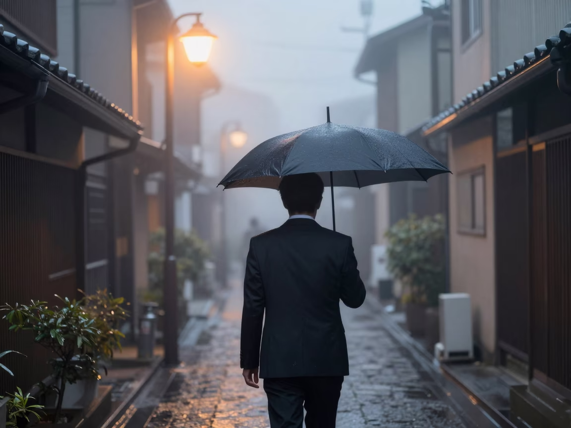 Salaryman in Fukuoka at Dawn Light in in Fukuoka, Japan