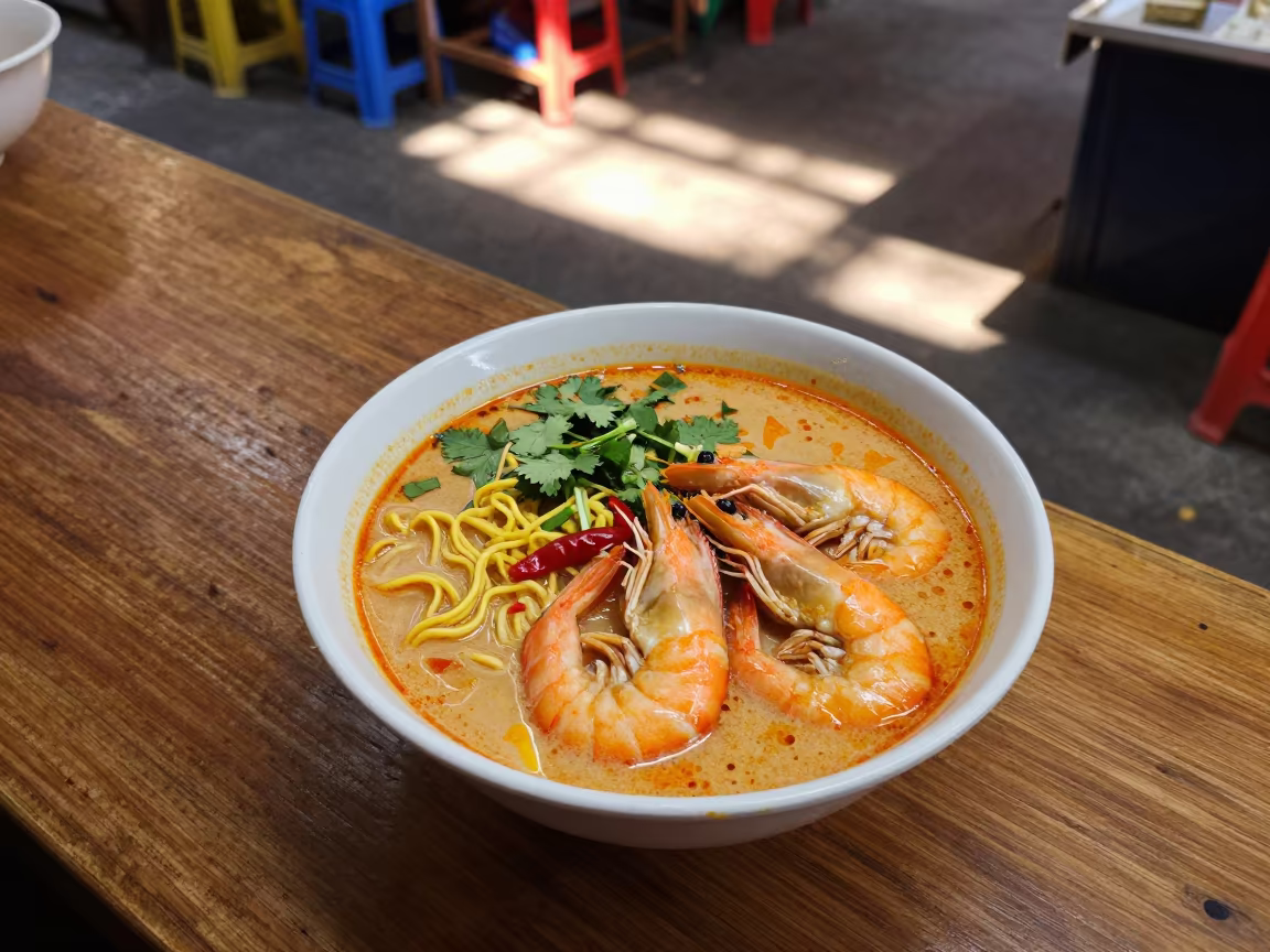 Salerno Laksa Bowl with Prawns at Market Stall in at a market stall counter in Salerno