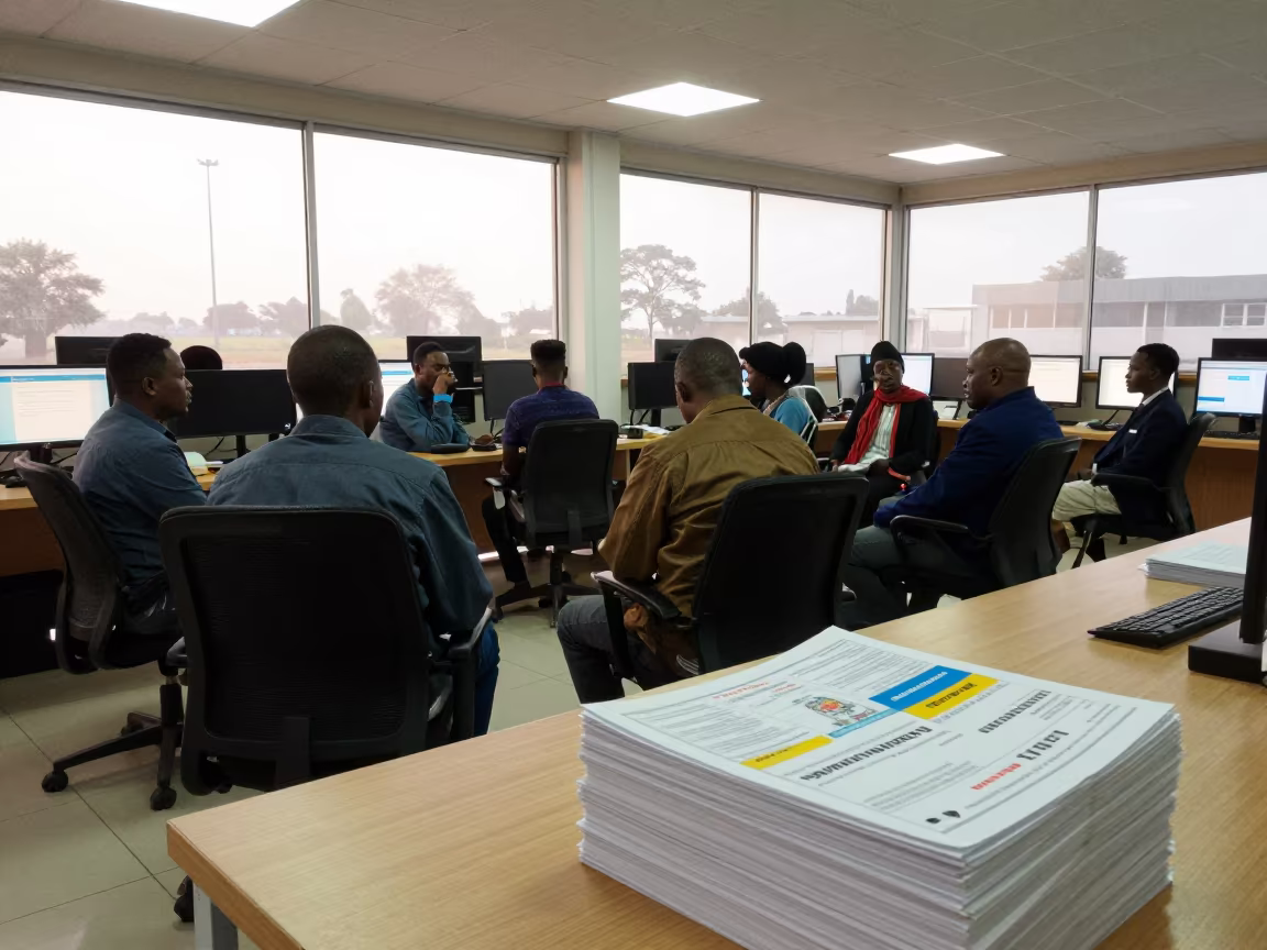Sales Team Huddle Near Reports in Office in in an operations center under monitor glow near Okene