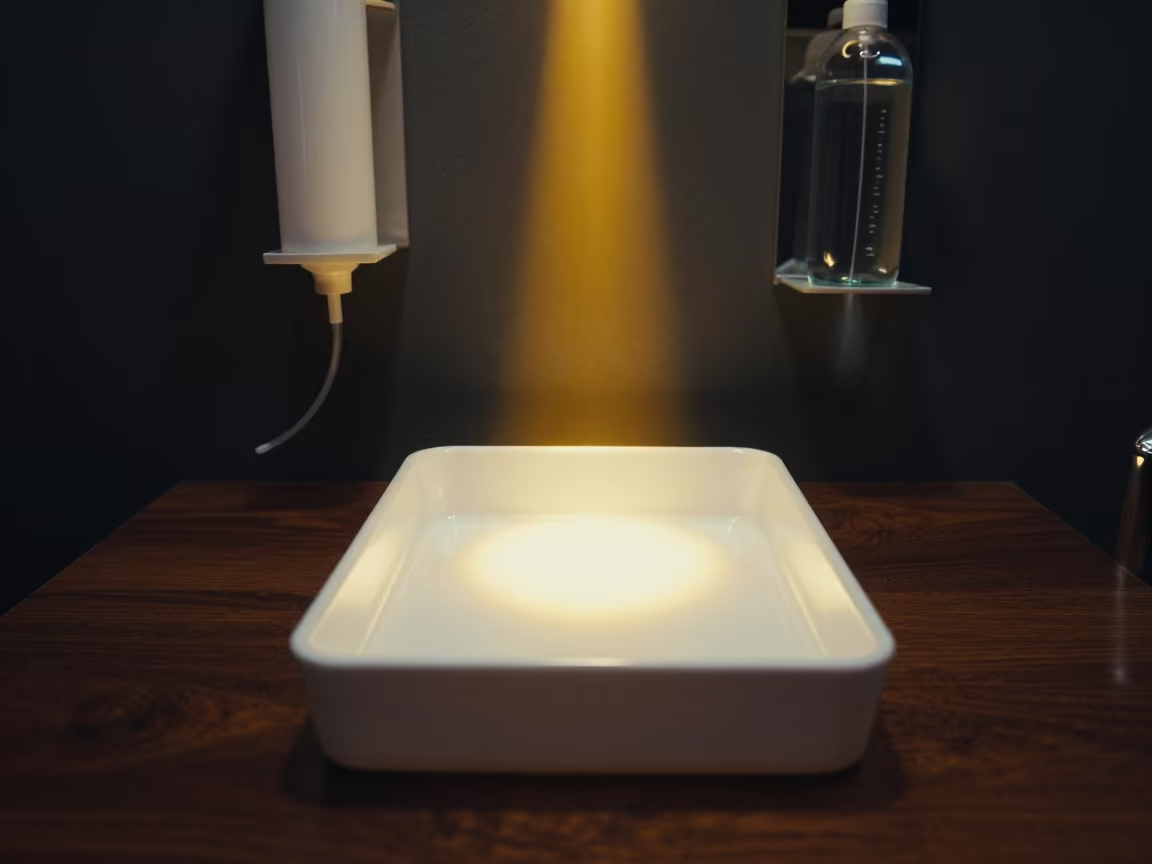 Saline Refill Tray at Midnight Barber Station in at a barber station beneath mirror bulbs in Bordj Bou Arreridj