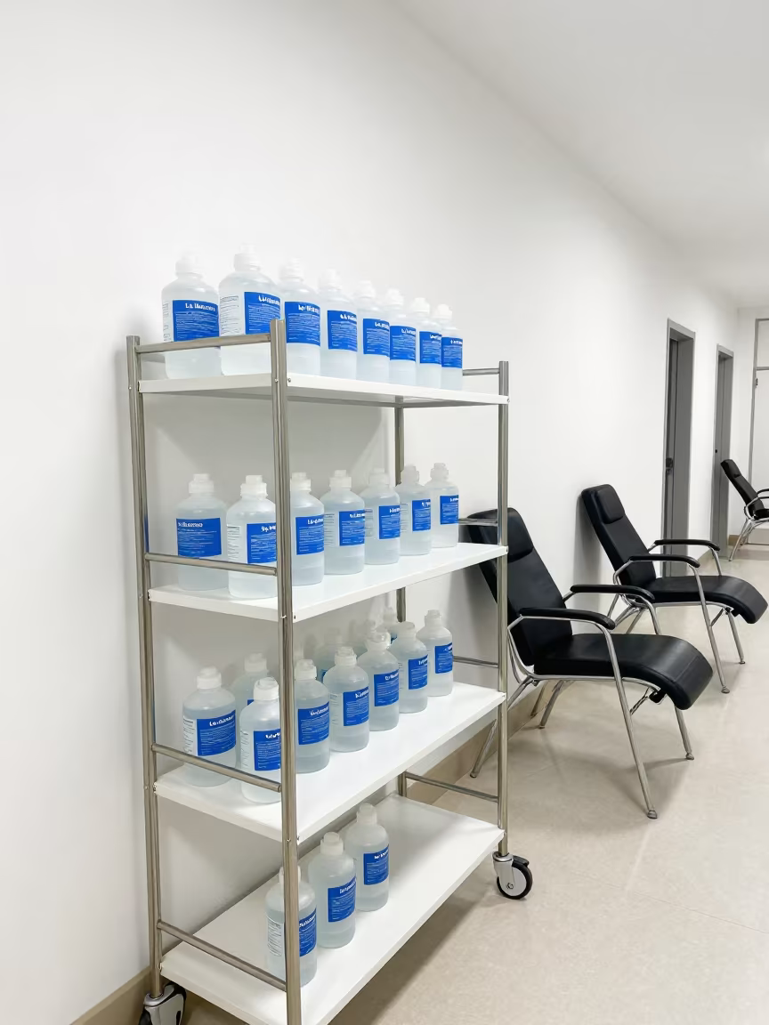 Saline Supply Shelf in Bogota Dialysis Ward in inside a prep corridor with organized storage in La Macarena, Bogota