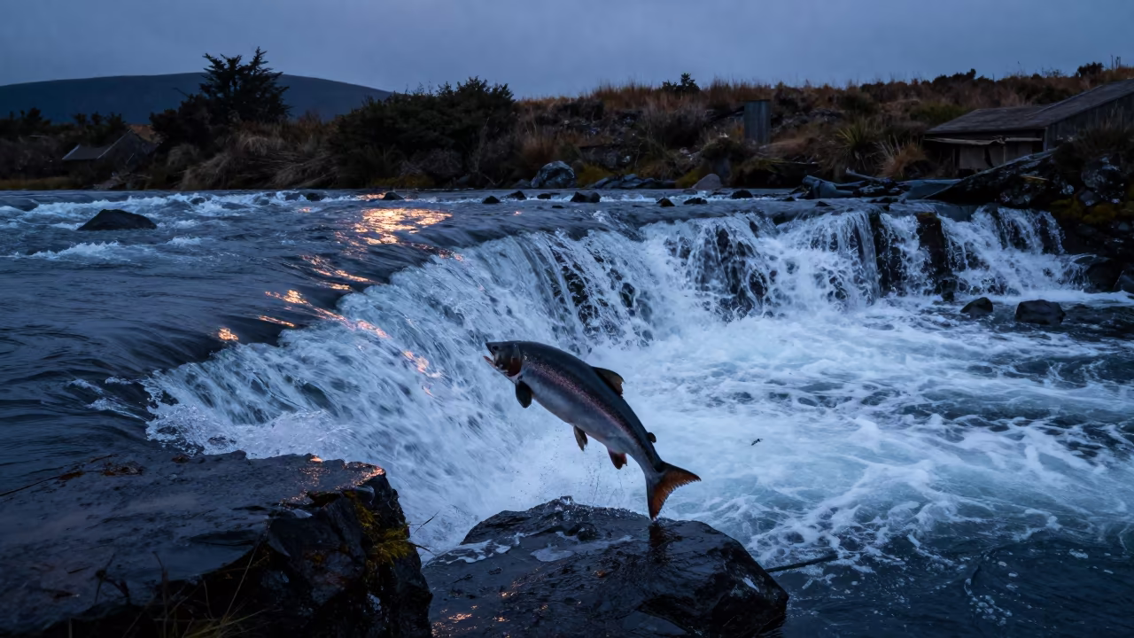Salmon Leap in Patagonian Twilight in in Patagonia
