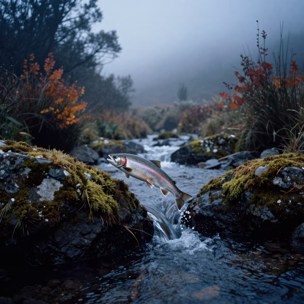Salmon Leaping Glacial Stream Medellín Blue Hour in above a glacial stream near Medellín