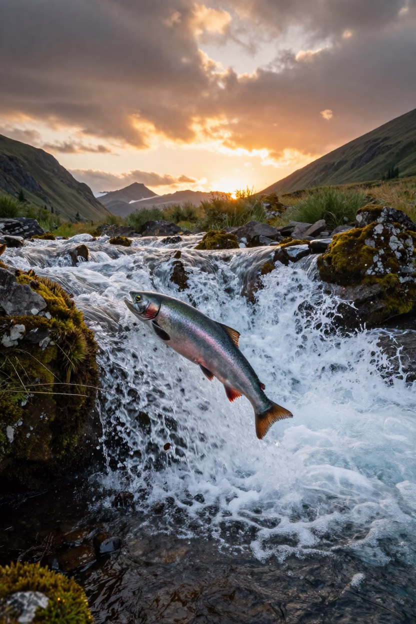 Salmon Leaping Glacial Stream at Sunset Georgia in above a glacial stream in Georgia