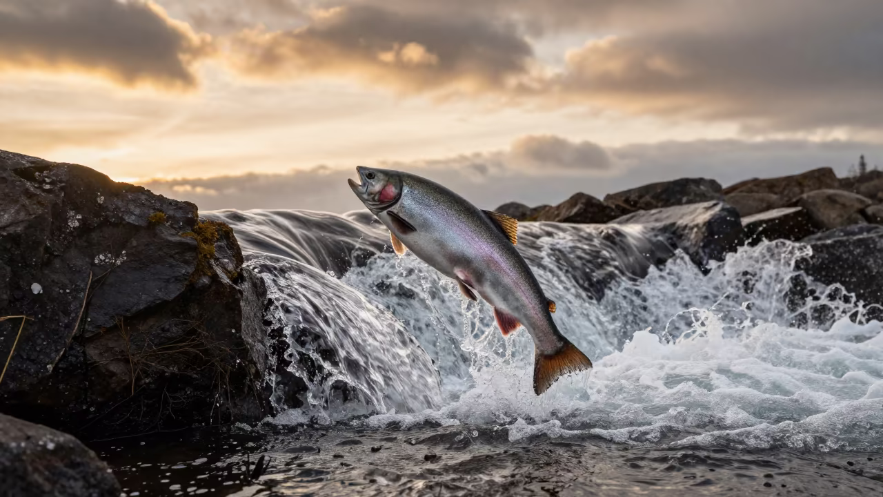 Salmon Leaping Waterfall Alberta Evening Light in beside a tidal inlet in Alberta