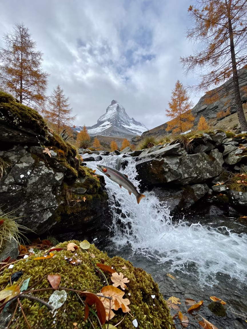 Salmon Leaping Waterfall Near Zermatt Early Autumn in near Zermatt