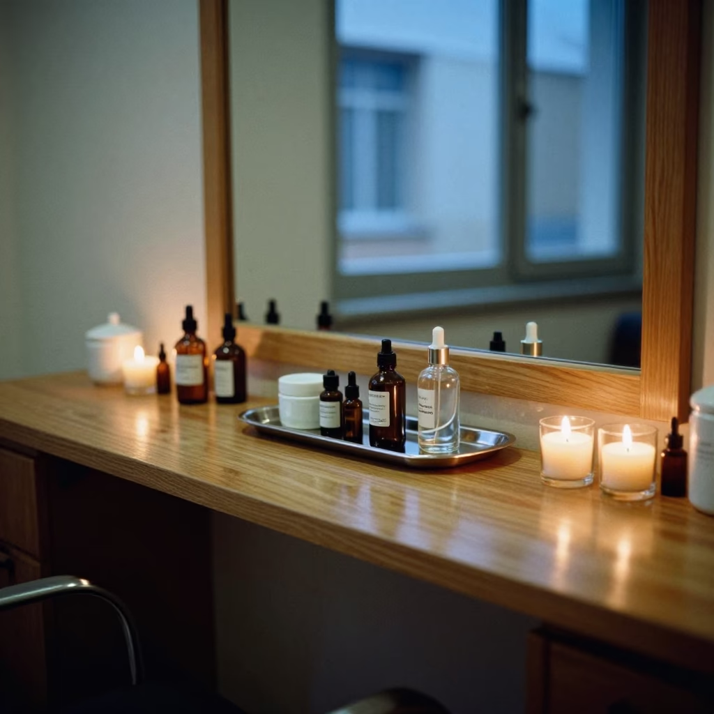 Salon Backbar and Tray at Blue Hour in inside a skincare treatment room near Avignon
