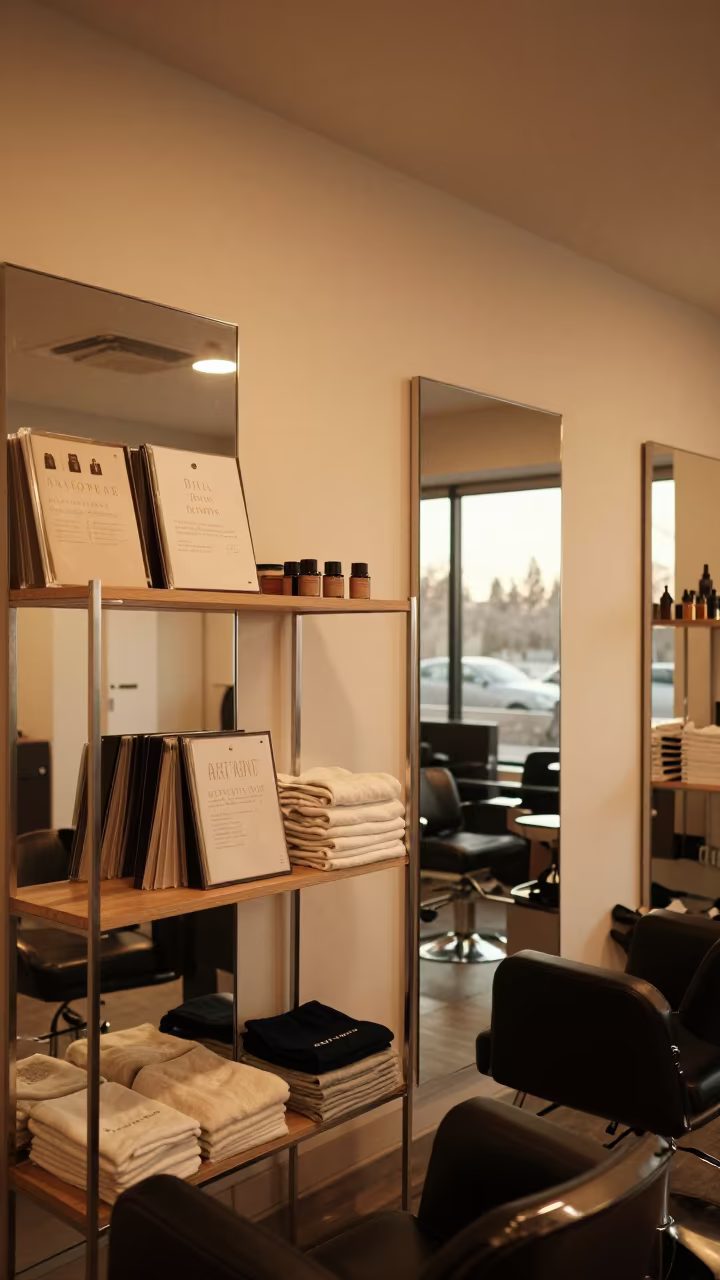 Salon Binder Shelf in Evening Honeyed Light in inside a salon row in Vancouver