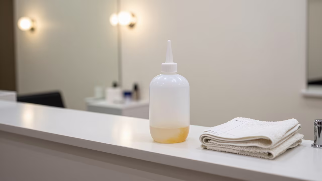 Salon Bleach Bottle on Surat Counter at Dawn in at a salon reception counter in Surat