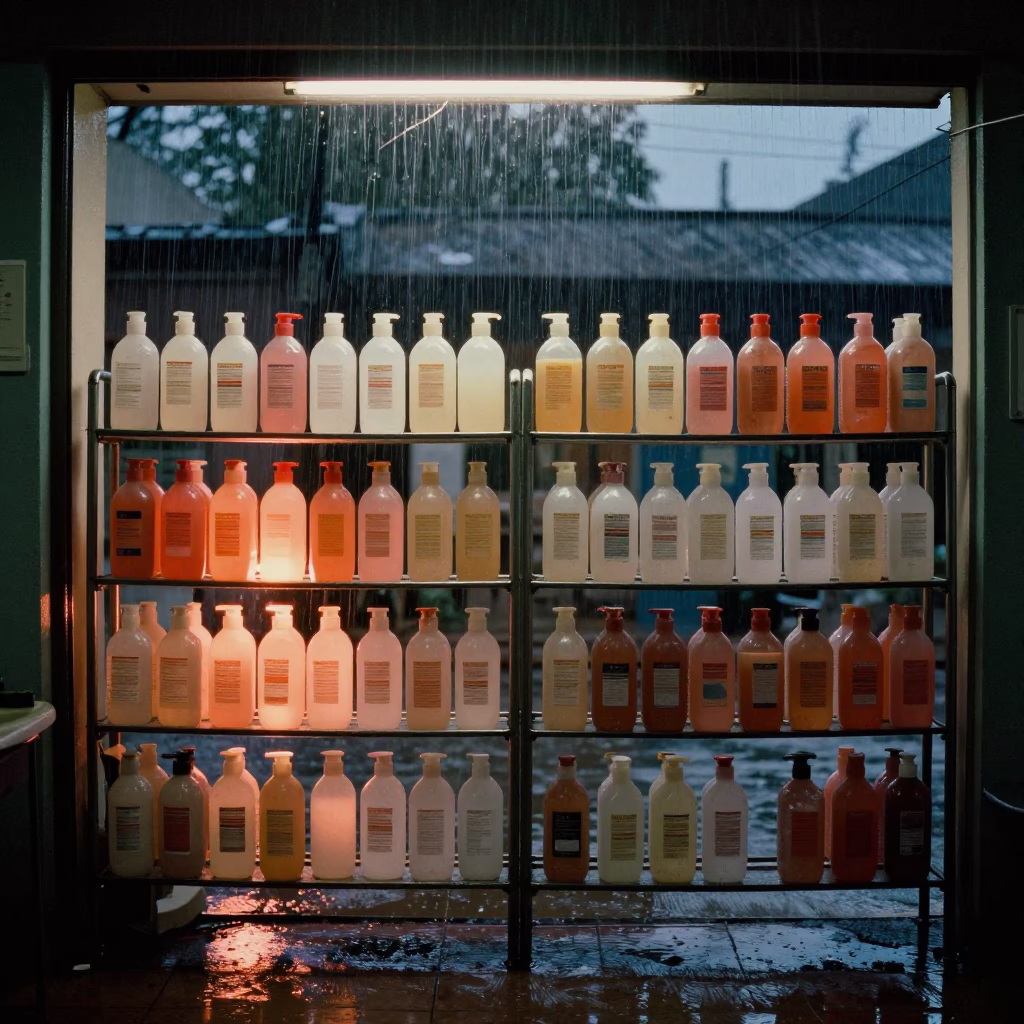 Salon Bottle Rack in Predawn Firelight in inside a salon row in Port Harcourt