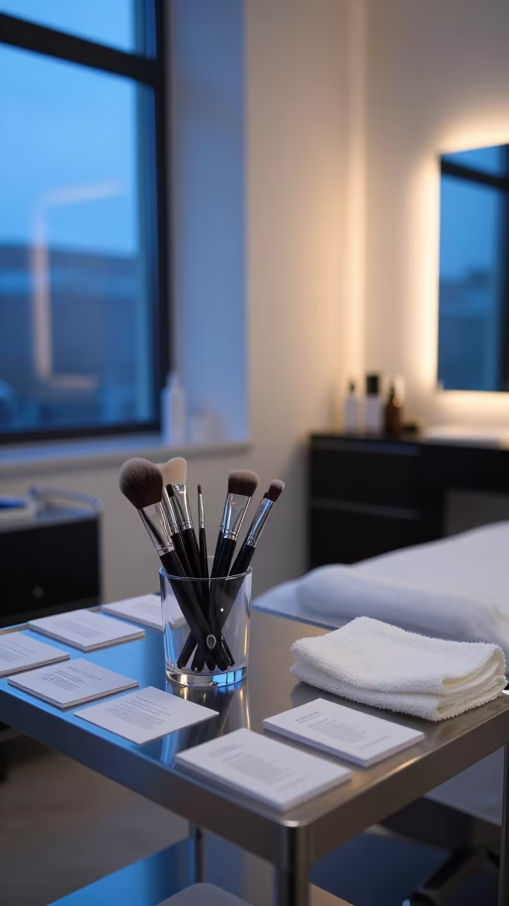 Salon Brush Cup Demo on Chrome Table in inside a skincare treatment room in Van