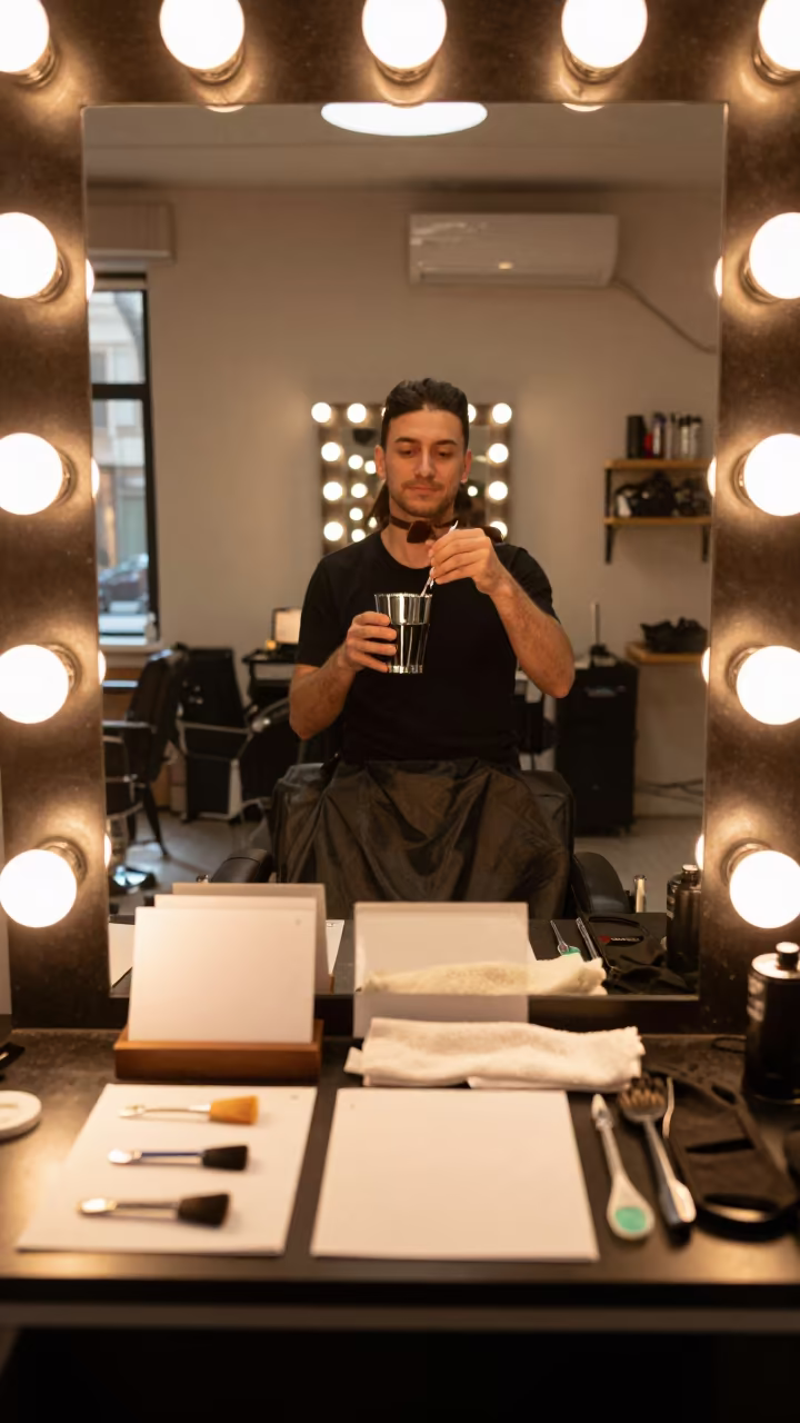 Salon Brush Cup Demo Under Golden Mirror Light in at a barber station beneath mirror bulbs in Tbilisi
