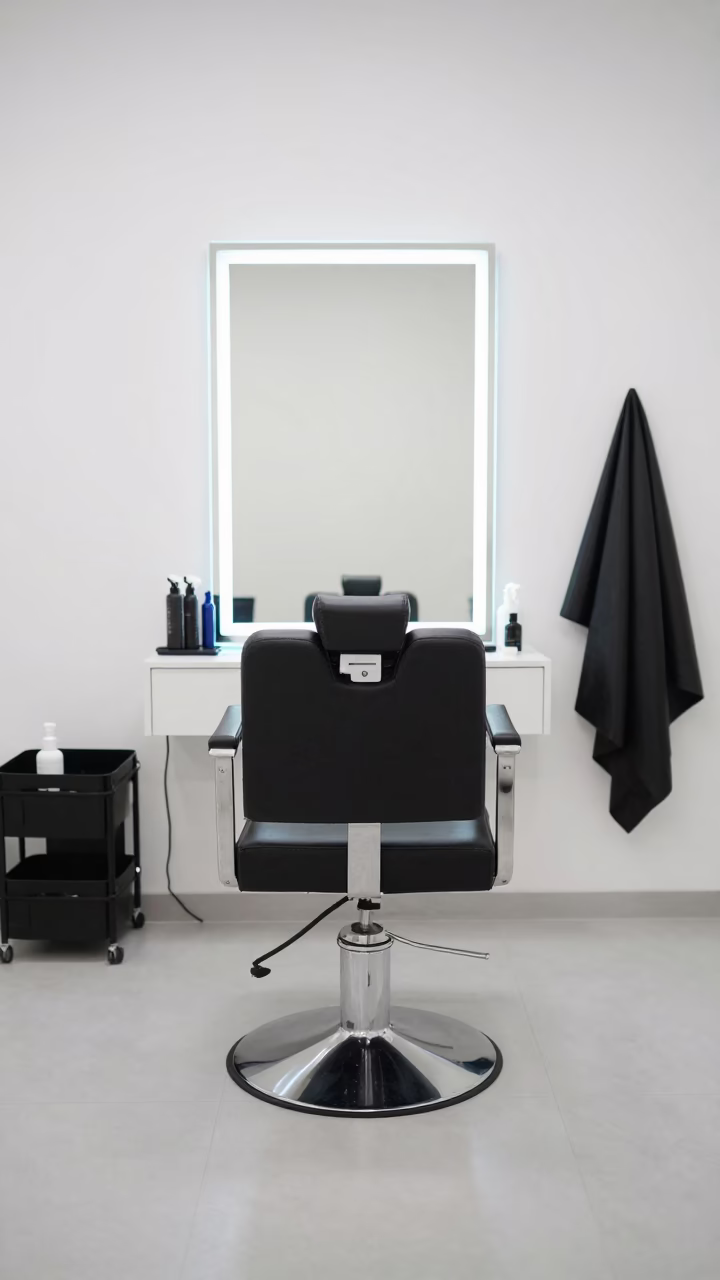 Salon Chair with Clips and Bottles in Gemlik in in a beauty supply area under white LEDs in Gemlik