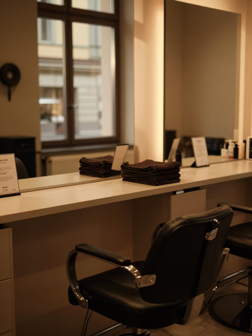 Salon Chair in Lucerne Evening Window Light in at a salon reception counter in Lucerne