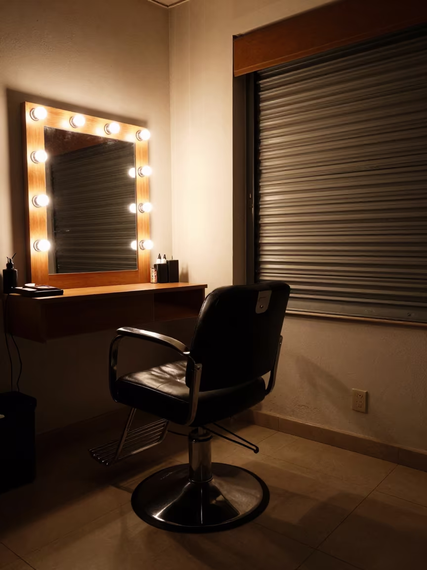 Salon chair and mirror bulbs night in inside a salon row near Aïn Beïda