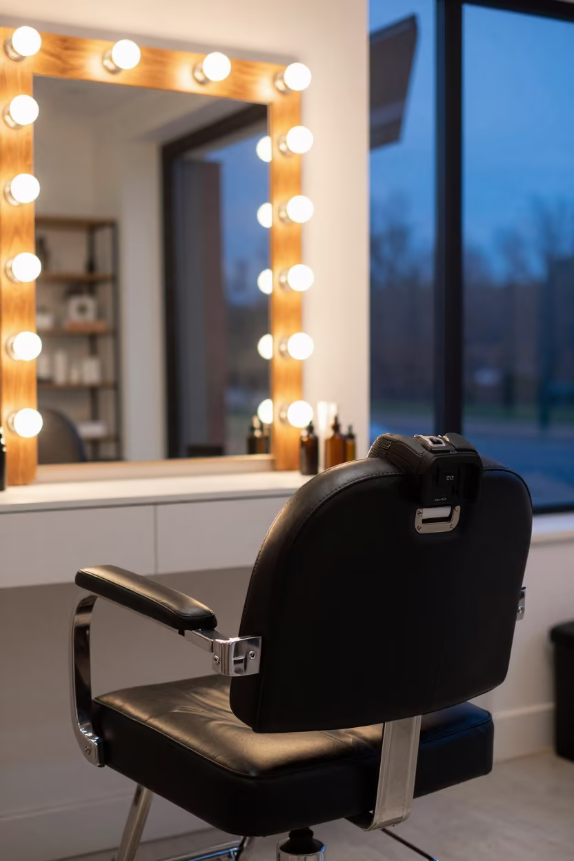 Salon Chair Under Ring Lights Winter Twilight in in a beauty supply area under white LEDs in Southampton
