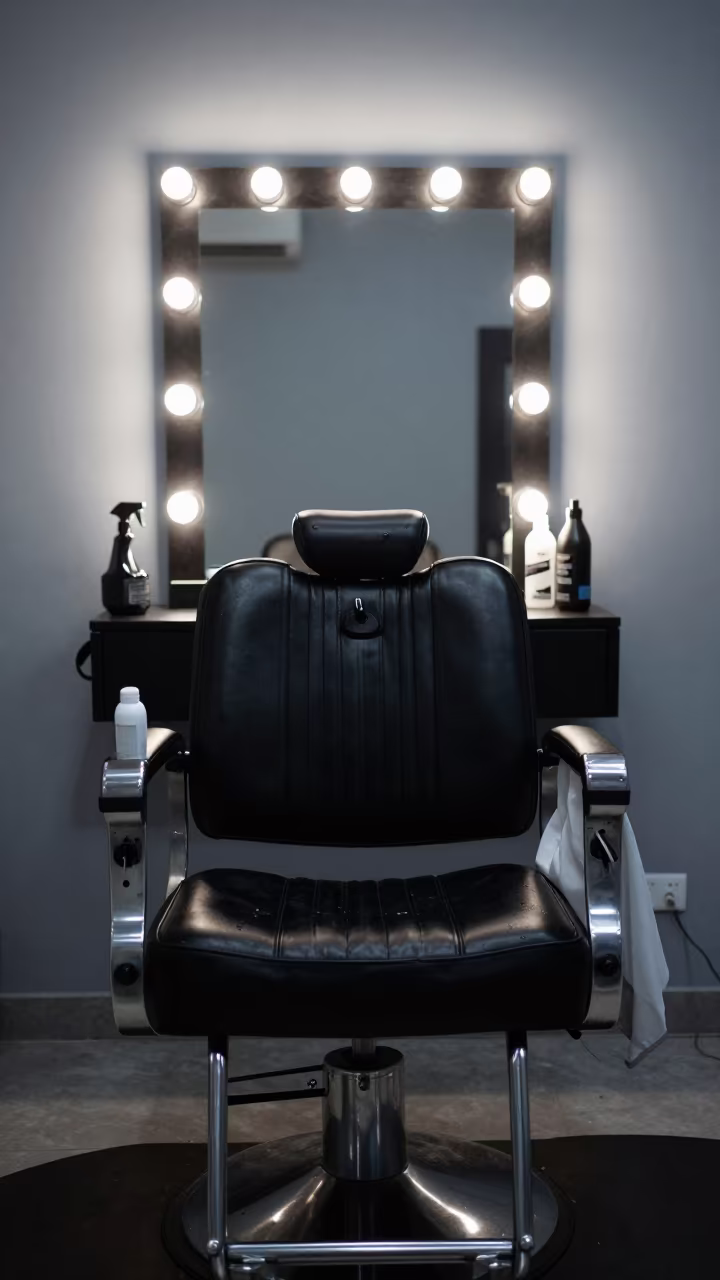 Salon Chair with Tools Before Dawn in Khulna in at a barber station beneath mirror bulbs in Khulna