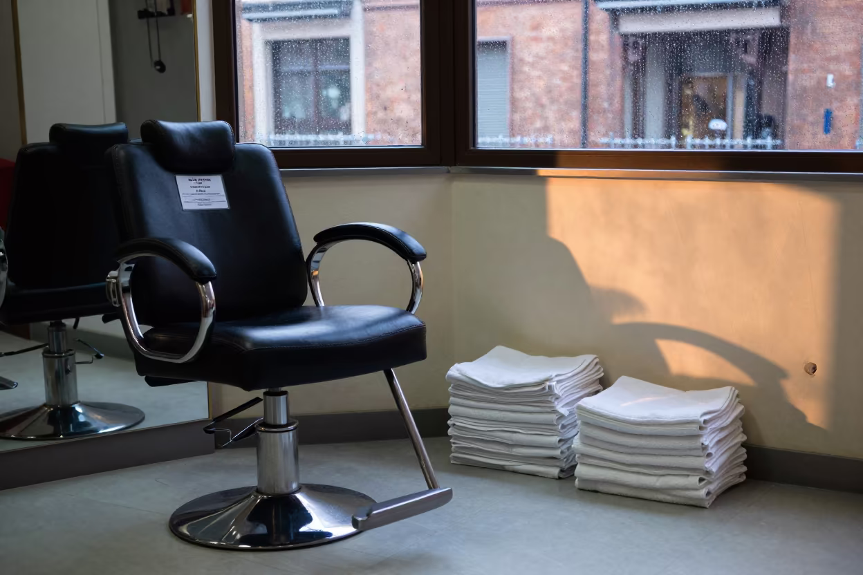 Salon Chair and Towels in Dawn Light in inside a salon row near Bologna