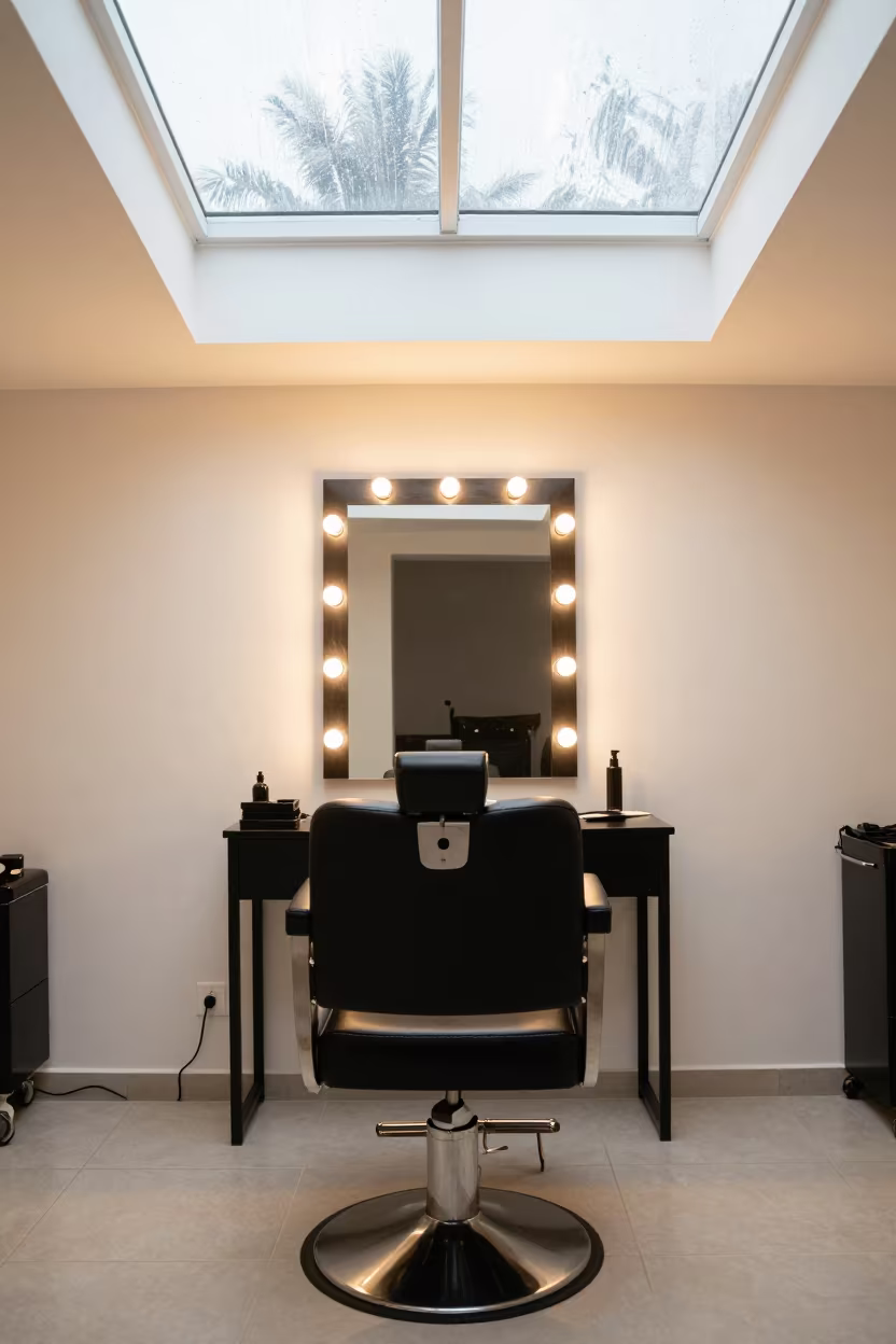 Salon Chair Under Mirror Bulbs in Antsirabe in at a barber station beneath mirror bulbs near Antsirabe