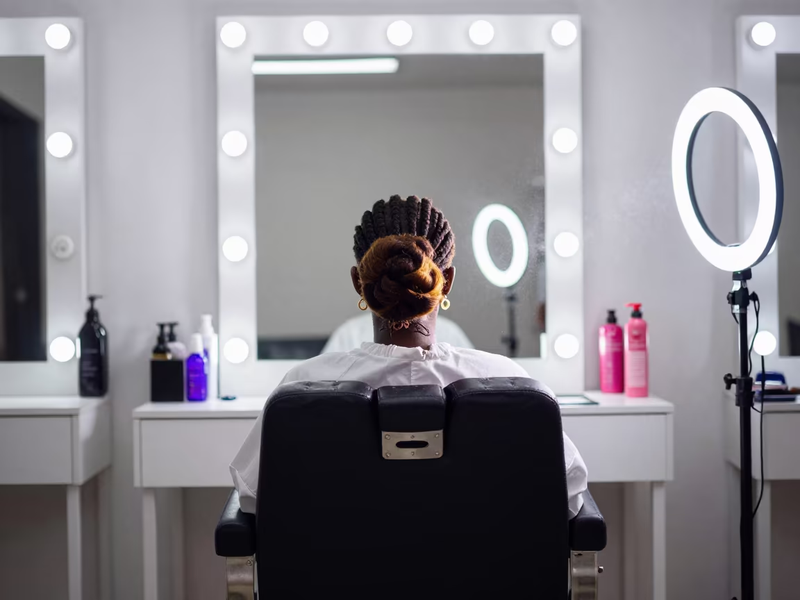 Salon Chair Under Warm Bulbs Before Monsoon in in a beauty supply area under white LEDs near Guéckédougou