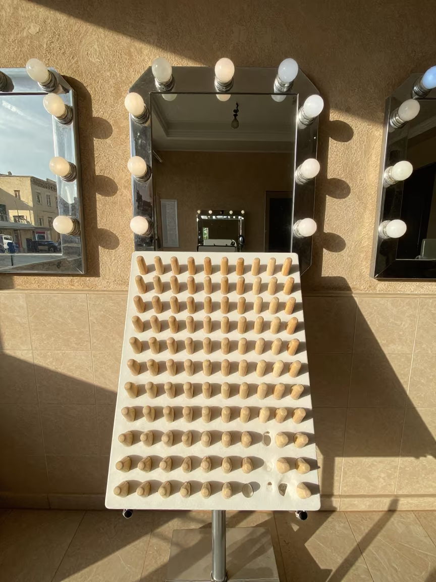 Salon Count Board Reset Under Sunset Light in at a barber station beneath mirror bulbs in Raqqa