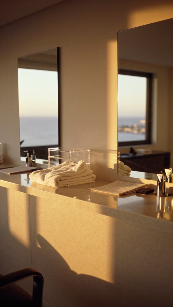 Salon Counter with Robe and Laundry Supplies in at a salon reception counter in Cape Town