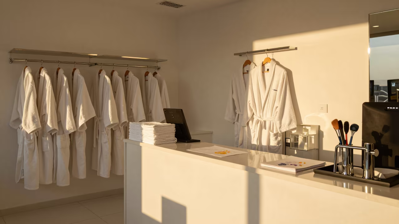 Salon Counter with Robes and Laundry in Dalian in at a salon reception counter in Dalian