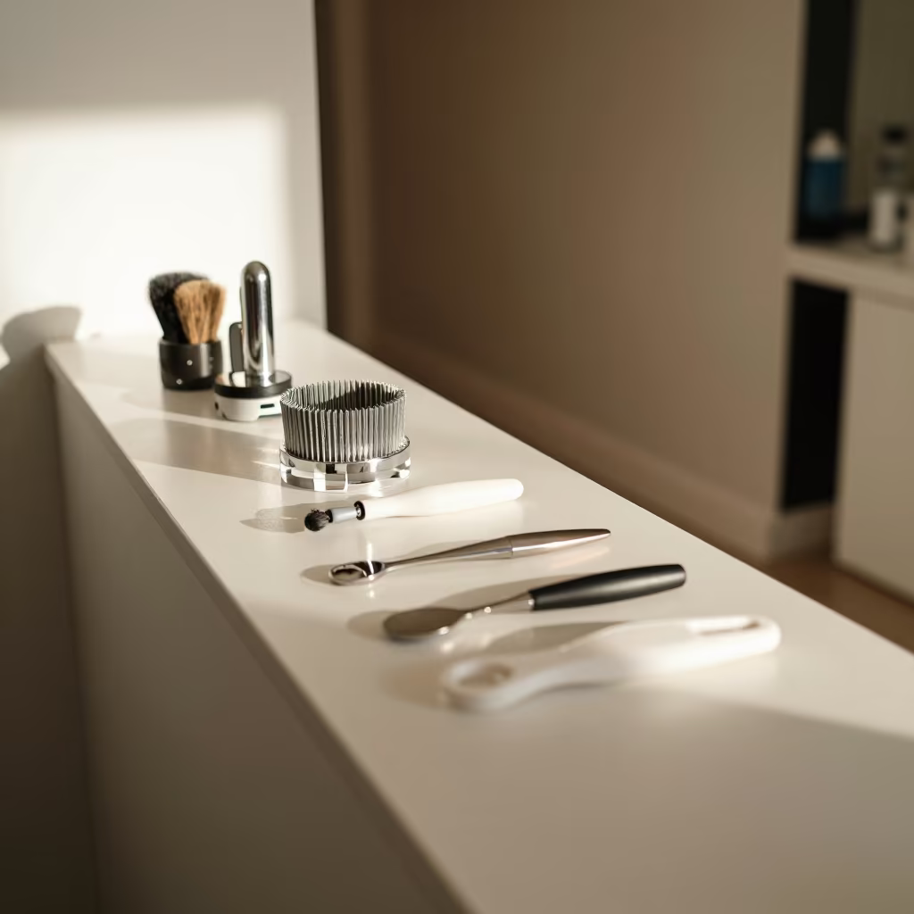 Salon Counter Tools Under Flat Vanity Light in at a salon reception counter in Kamalia