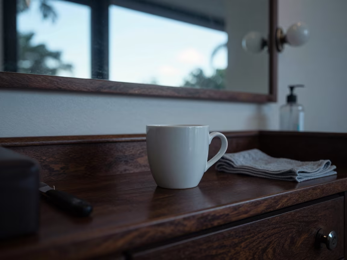 Salon Cup at Dawn in Cairns Barber Station in at a barber station beneath mirror bulbs in Cairns