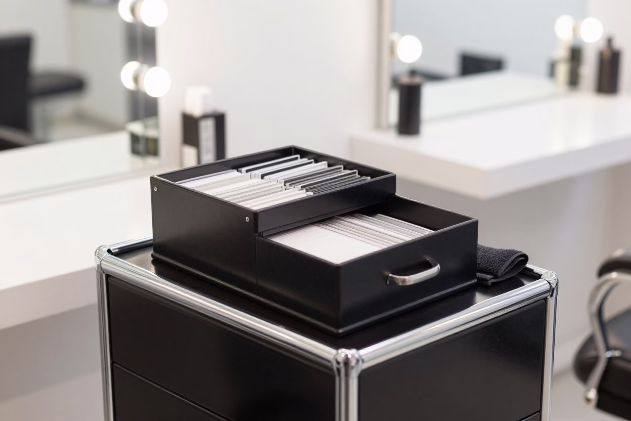 Salon Deposit Lockbox Under Mirror Light in at a barber station beneath mirror bulbs in Tianjin