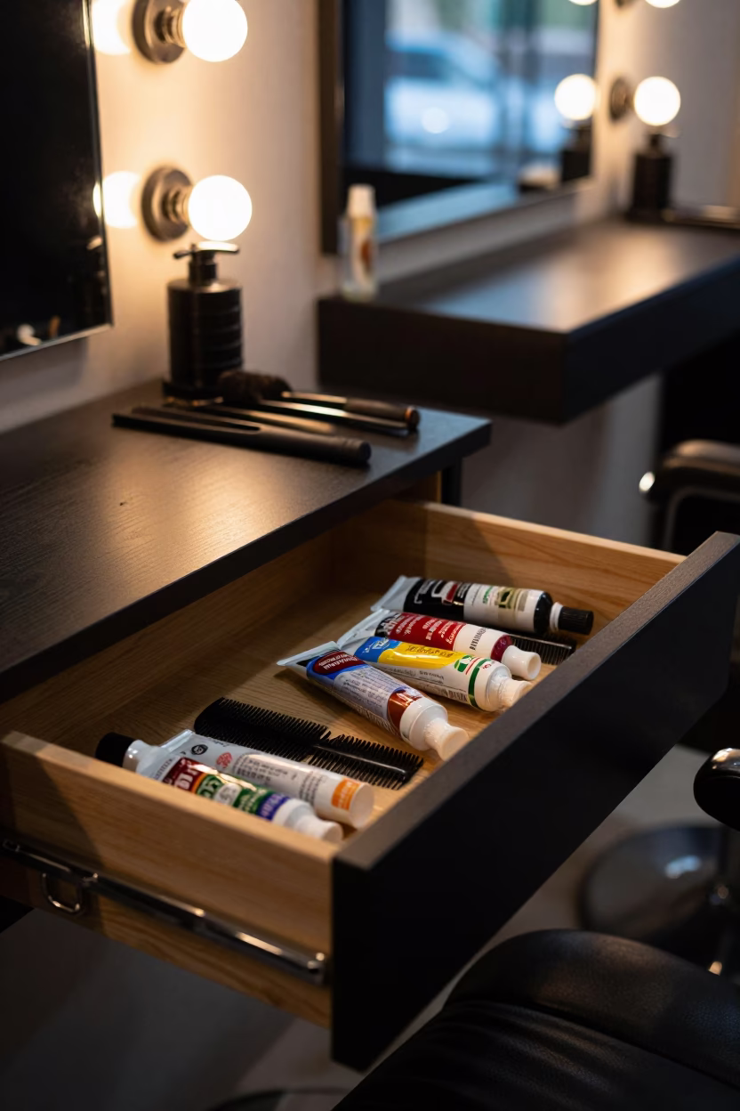 Salon Drawer After Cleanup Before Restock in at a barber station beneath mirror bulbs in Port-Gentil